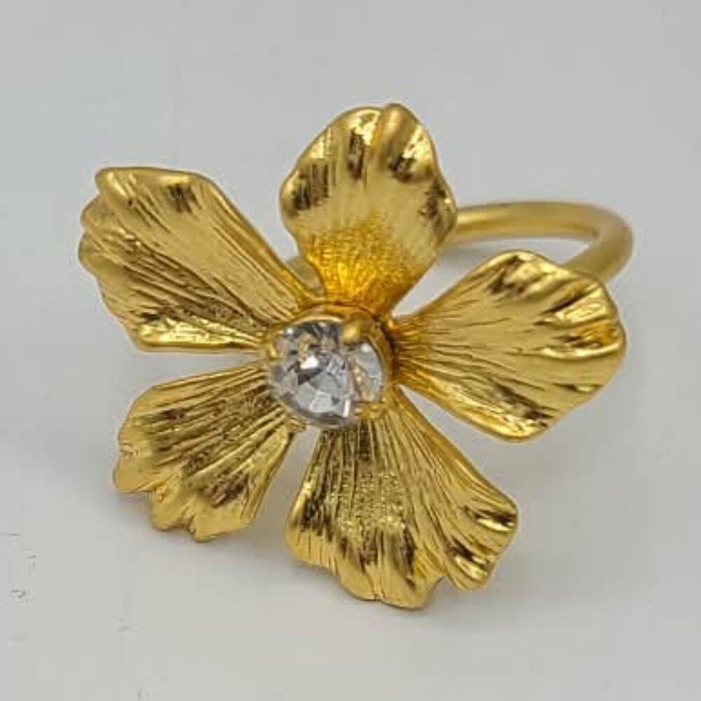 J Crew Gold Tone Flower Ring with Crystal Center size 8
